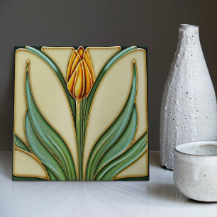 Azulejo Naranja Tulip Wall Decoración Art Nouveau Art Deco