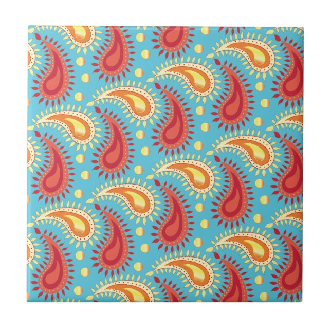 Azulejo Naranja Turquesa Oriental Patrón Paisley Persa (Frente)