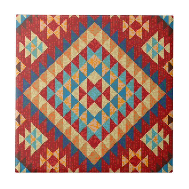 Azulejo Naranja Verde azulado azul rojo Patrón kilim orien (Frente)