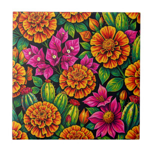 Azulejo Naranja Vibrante Magenta Marigold Cactus Tropical