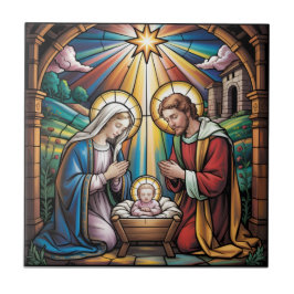 Azulejo Nativity Stained Glass Art – Holy Family Christmas