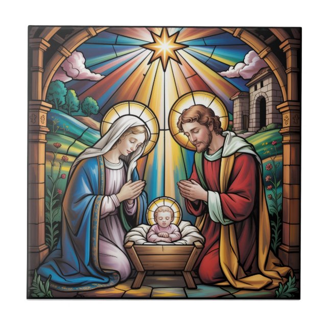Azulejo Nativity Stained Glass Art – Holy Family Christmas (Frente)
