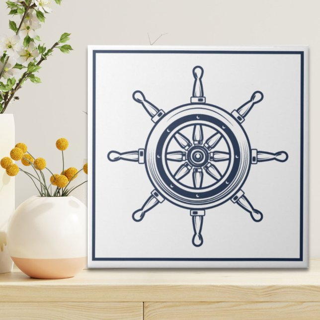 Azulejo Nautical Coastal Blue Beach House Boat Ship Wheel (Nautical Coastal Blue Beach House Boat Ship Wheel Ceramic Tile)