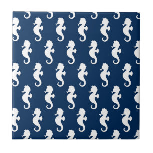 Azulejo Nautical Seahorse Nave Blue White Ocean Animal