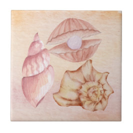 Azulejo Nautical watercolor Seashells pink painting art