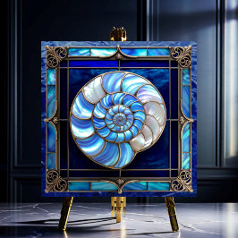 Azulejo Nautilus Shell en azul de vidrio manchado