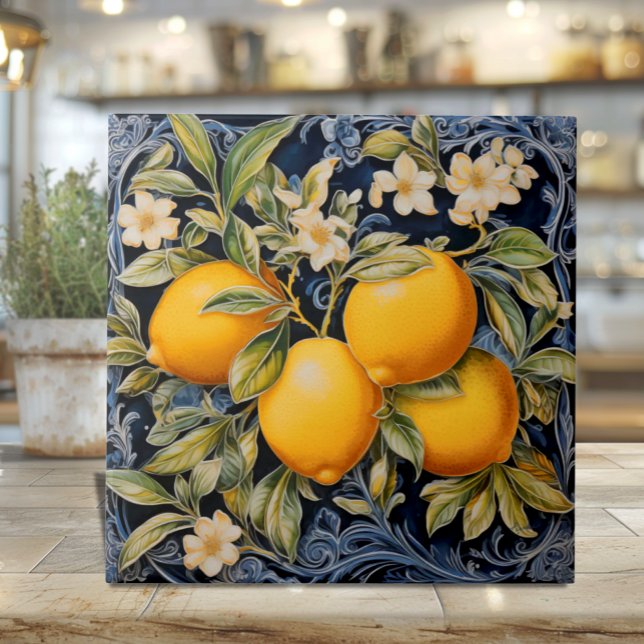 Azulejo Naval Limones Botánicos (Botanical Italian Lemons on Navy - Ceramic Tile with filigree and blossoms)