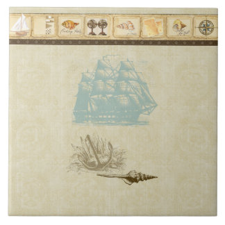 Azulejo Nave náutica del rosetón del vintage del mapa de