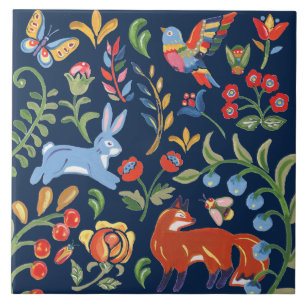 Azulejo Navía de Arte Popular Animal Woodland Floral Fox 