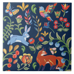 Azulejo Navía de Arte Popular Animal Woodland Floral Fox R