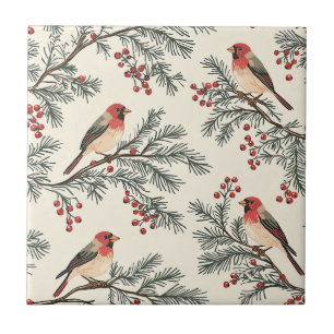 Azulejo Navidad Crema de Bayas de Pino Cardenal Rojo Vinta
