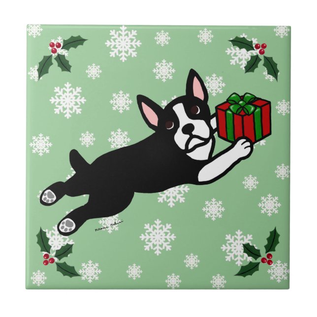 Azulejo Navidad de Boston Terrier 2 copos de nieve del (Frente)