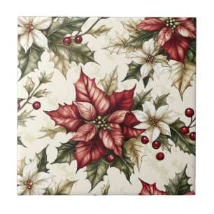 Azulejo Navidad Flor de Pascua Carmesí Crema Vintage