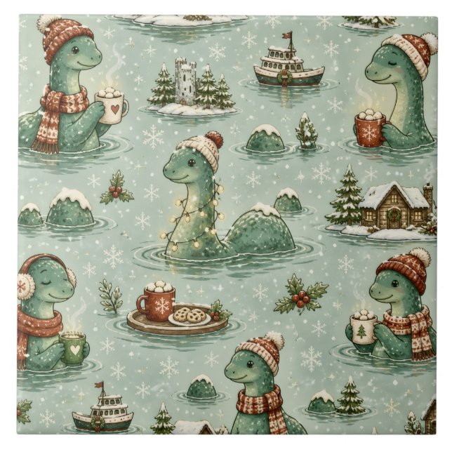 Azulejo Navidad Nessie Monstruo del Lago Ness Acogedores C (Frente)