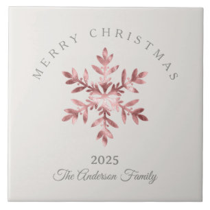 Azulejo Navidad personalizada rosa rosa copo de nieve metá