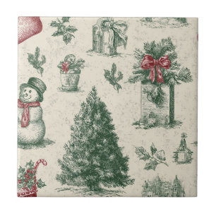 Azulejo Navidad Toile Vintage Verde Salvia de Invierno