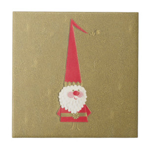 Azulejo Navidad Vintage, adorable gnomo Papá Noel en dorad