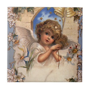 Azulejo Navidad Vintage, Ángel Victoriano con Campanas Dor