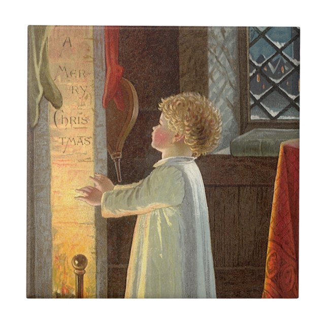 Azulejo Navidad vintage, Calentamiento infantil junto a la (Frente)