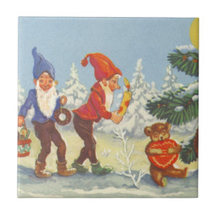 Azulejo Navidad Vintage, Elfos en el Bosque de Nieve Invie
