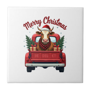 Azulejo Navidad Vintage Feliz Vaca Highland Camión Rojo Ho