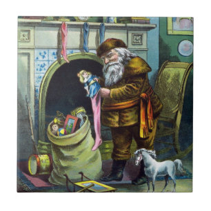 Azulejo Navidad Vintage, medias de Santa Claus con juguete