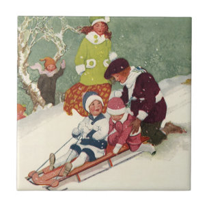 Azulejo Navidad Vintage, niños deslizándose en la nieve