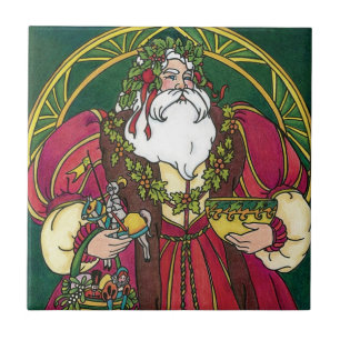 Azulejo Navidad Vintage, Santa Claus con hojas de acebo