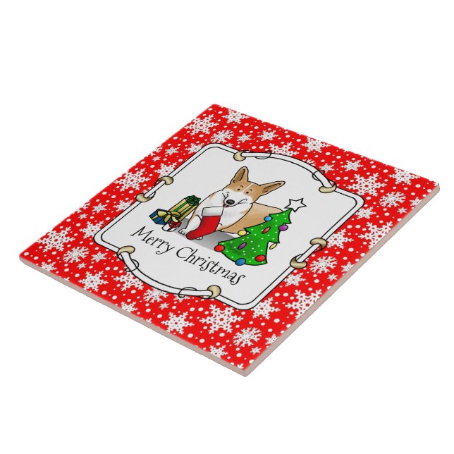 Azulejo Navidades 2 Pembroke Welsh Corgi (rojo 1) Tree Cut (Lado)