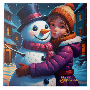 Azulejo Navidades Adorables Chica Y Snowman