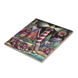 Azulejo Navidades caprichosos faro morado rosado rojo