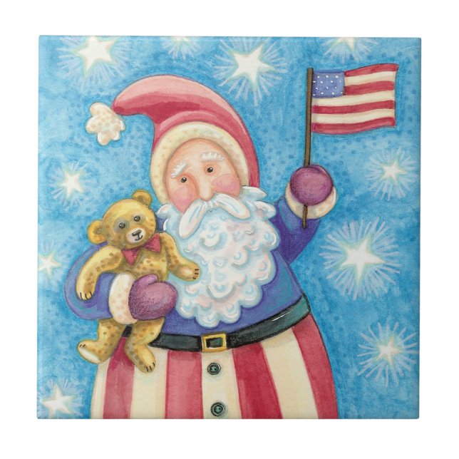 Azulejo Navidades cortos, Papá Noel Patriótico con bandera (Frente)