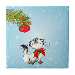 Azulejo Navidades Curiosos Kitty Con Un Golpe Rojo