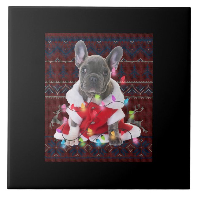Azulejo Navidades de Bulldog franceses iluminan perro suét (Frente)