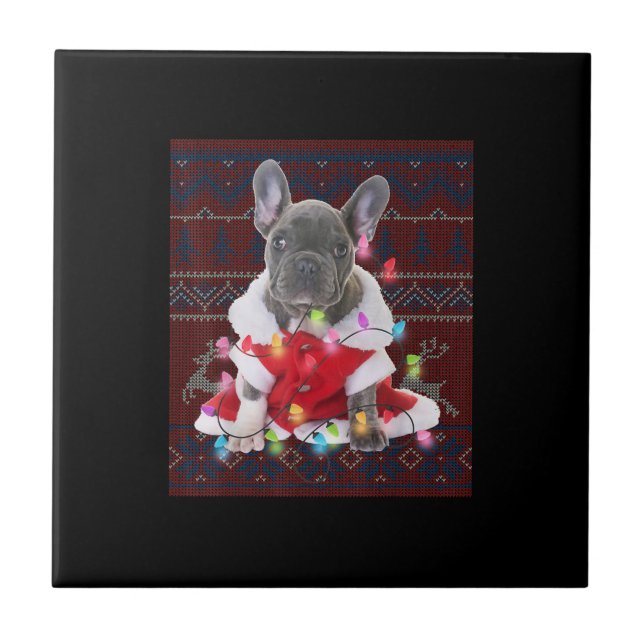 Azulejo Navidades de Bulldog franceses iluminan perro suét (Frente)