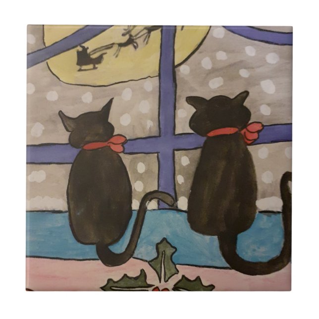Azulejo Navidades de gato negro mosaico cerámico (Frente)
