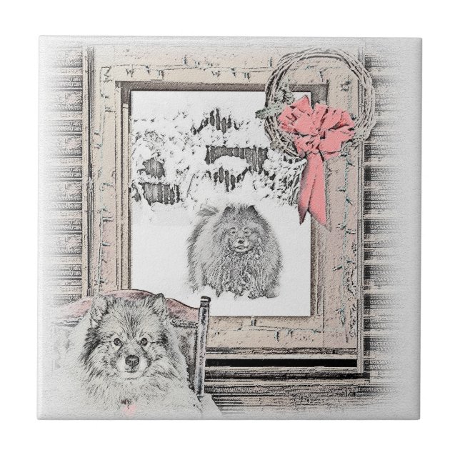 Azulejo Navidades de Keeshond Ventana de Invierno Pintura  (Frente)