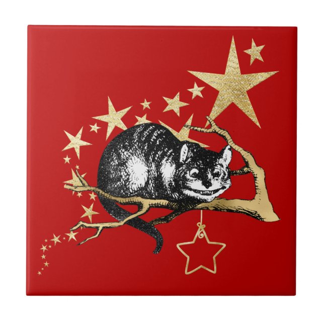 Azulejo Navidades de la estrella del gato de Cheshire Red  (Frente)