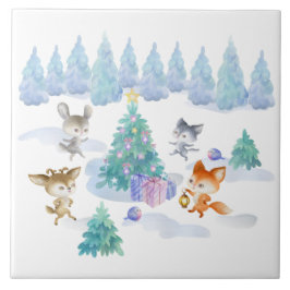 Azulejo Navidades de los animales del bosque bailando acua