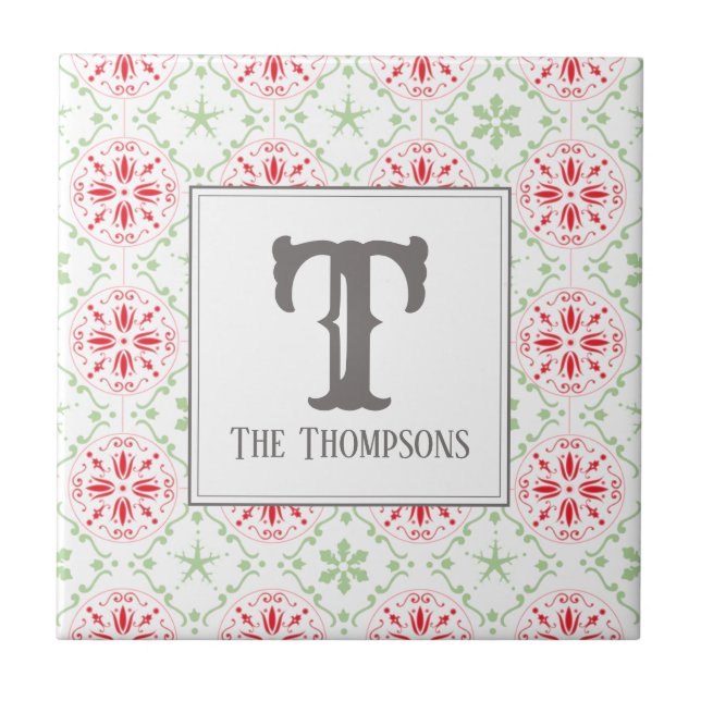 Azulejo Navidades de vacaciones rojas Monograma moderno (Frente)