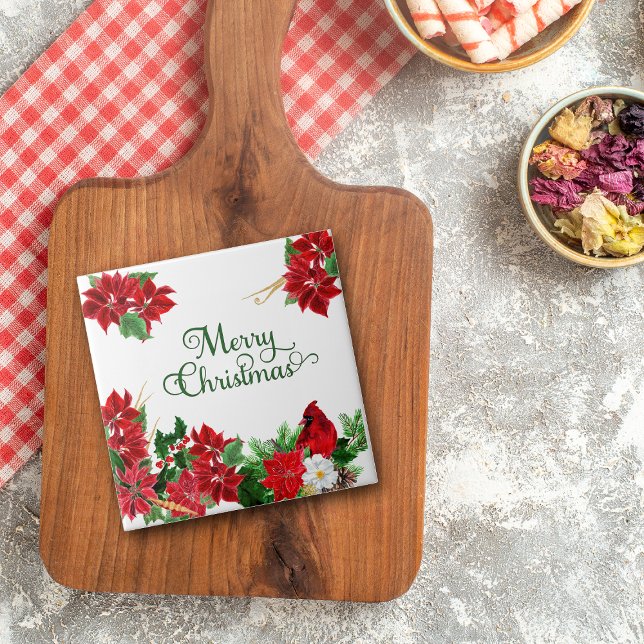 Azulejo Navidades del Cardenal de la Poinsettia Roja (Subido por el creador)