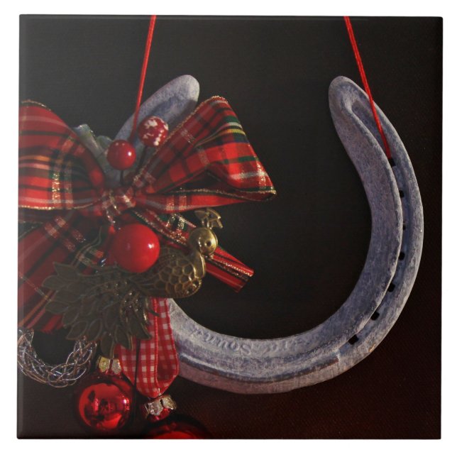 Azulejo Navidades ecuestres colgando foto de herradura (Frente)