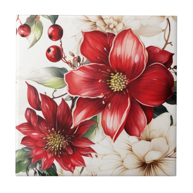 Azulejo Navidades Flores Poinsettia Patrón Verde Rojo (Frente)