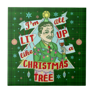 Azulejo Navidades graciosos retro bebiendo humor se encien