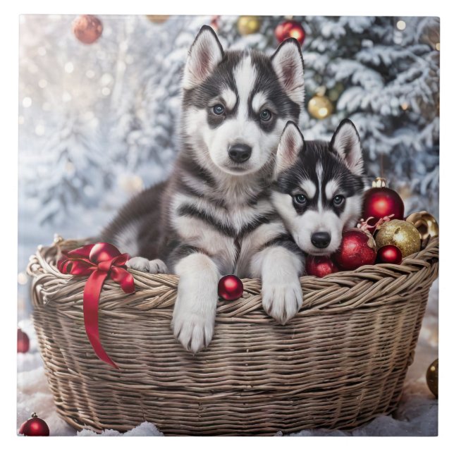 Azulejo Navidades Holiday Husky Puppy Perros Arte (Frente)
