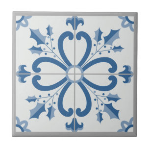 Azulejo Navidades holly y flores pétalos azules