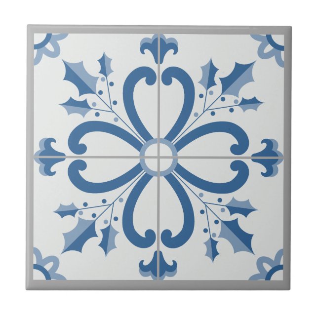 Azulejo Navidades holly y flores pétalos azules (Frente)