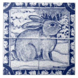 Azulejo Navidades Navy Blue White Snow Bunny Dedham Delft