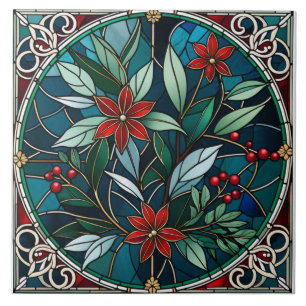Azulejo Navidades Plantas Flores Rojas Hojas verdes elegan