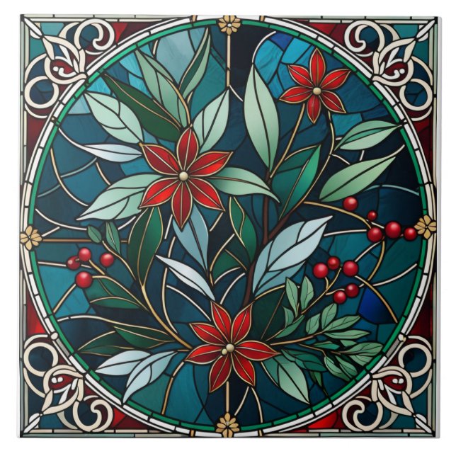 Azulejo Navidades Plantas Flores Rojas Hojas verdes elegan (Frente)
